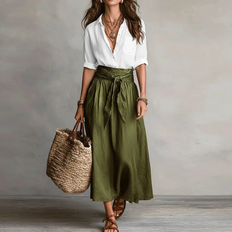 Collared Shirt and Tie Waist Maxi Skirt Set