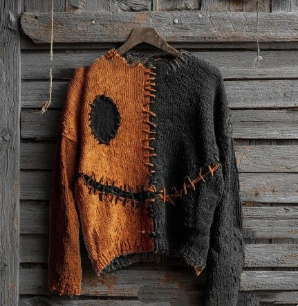 Women's color block sweater with cat motifs, distressed edges and stitched panel details