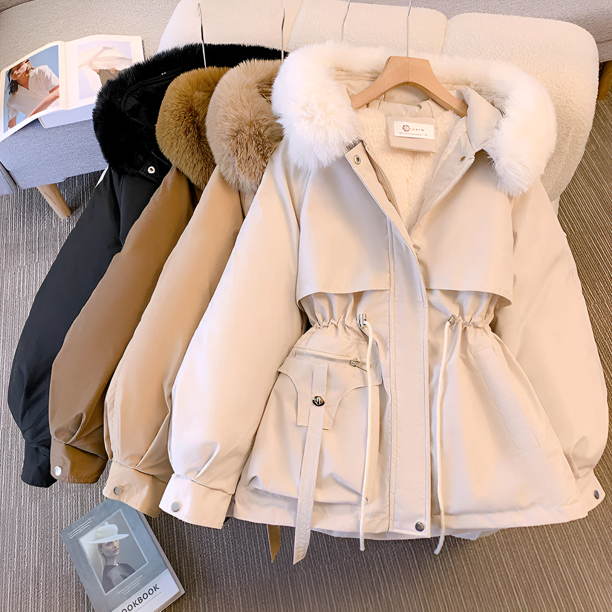 Parka pour femme à capuche en fausse fourrure, doublée en polaire, avec cordon de serrage