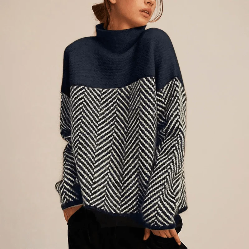 Women's high collar knitted jumper with contrasting geometric herringbone pattern and long sleeves