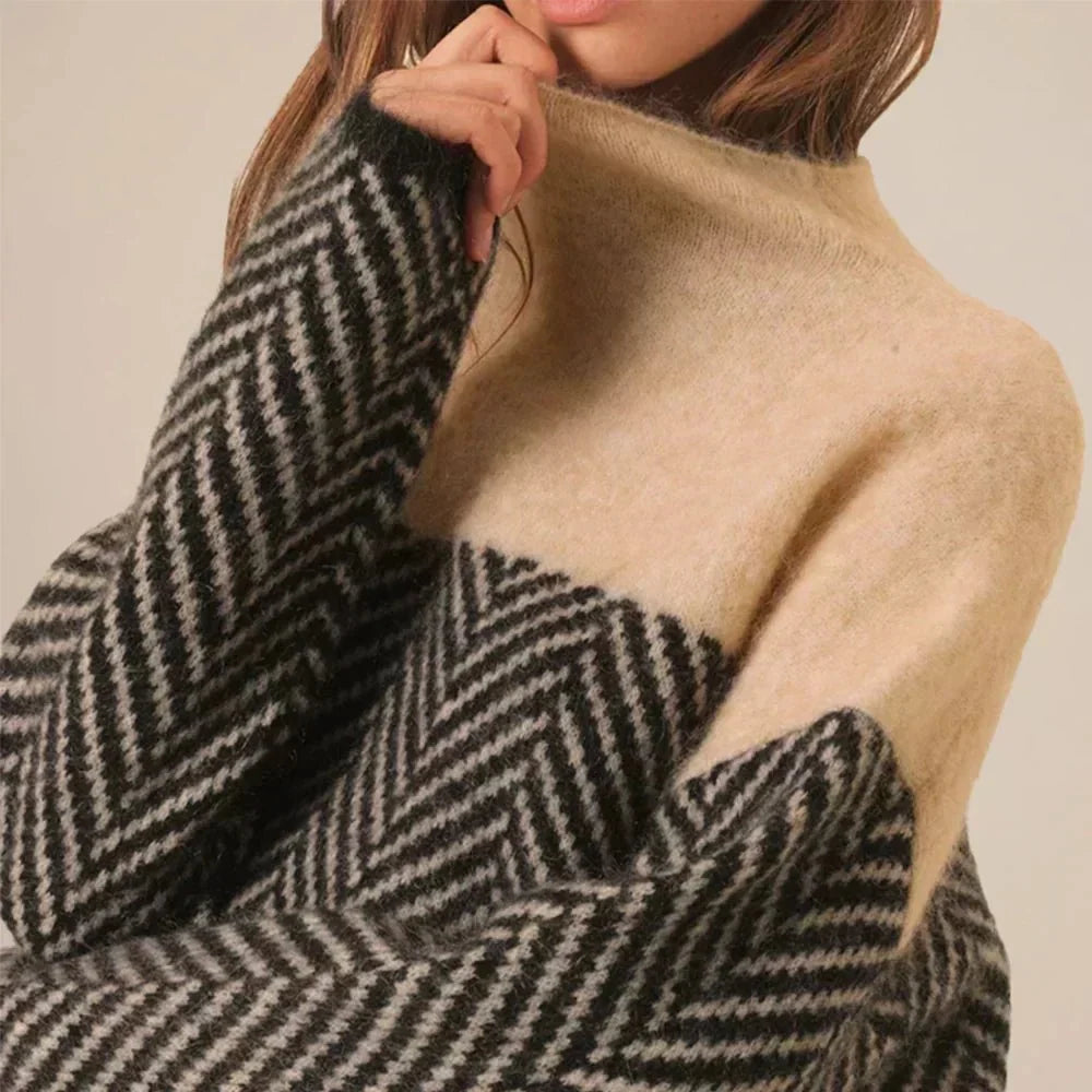 Women's high collar knitted jumper with contrasting geometric herringbone pattern and long sleeves