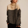 Women's high collar knitted jumper with contrasting geometric herringbone pattern and long sleeves