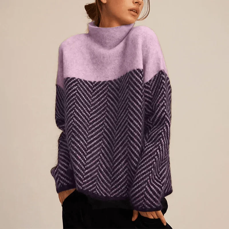 Women's high collar knitted jumper with contrasting geometric herringbone pattern and long sleeves