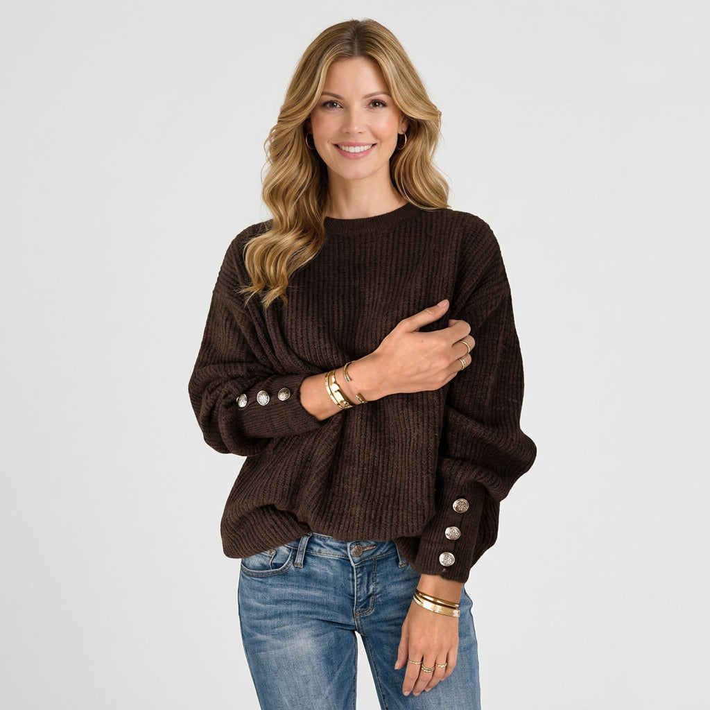 Women’s Ribbed Knit Sweater – Crew Neck Button Cuff Pullover