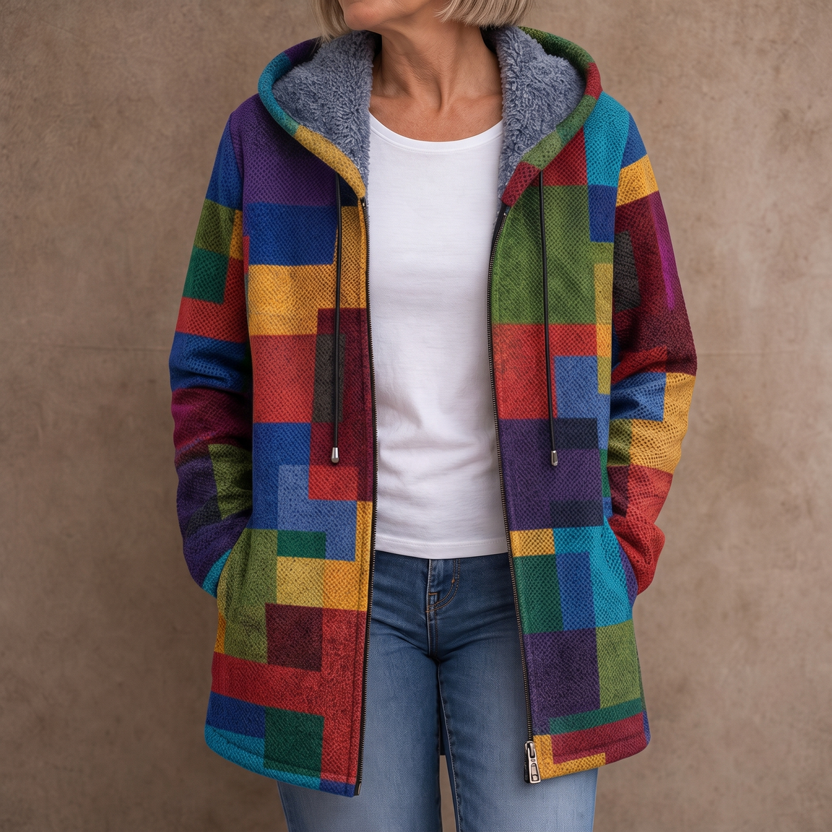 Women's Geometric Patchwork Sherpa Lined Hooded Jacket