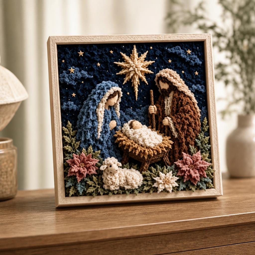 Framed multicolor fabric poke art nativity scene with stars, flowers and animals