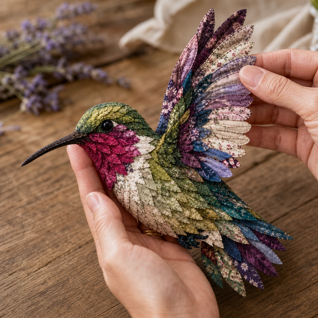 Layered multicolour patchwork hummingbird fabric art being assembled by hand
