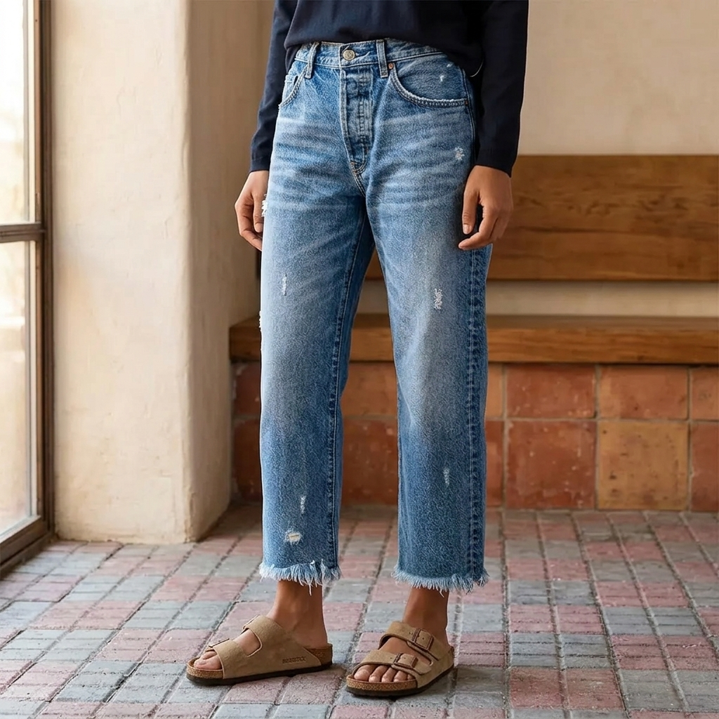 Women's high-rise cropped straight leg jeans with distressed details and fringed hems