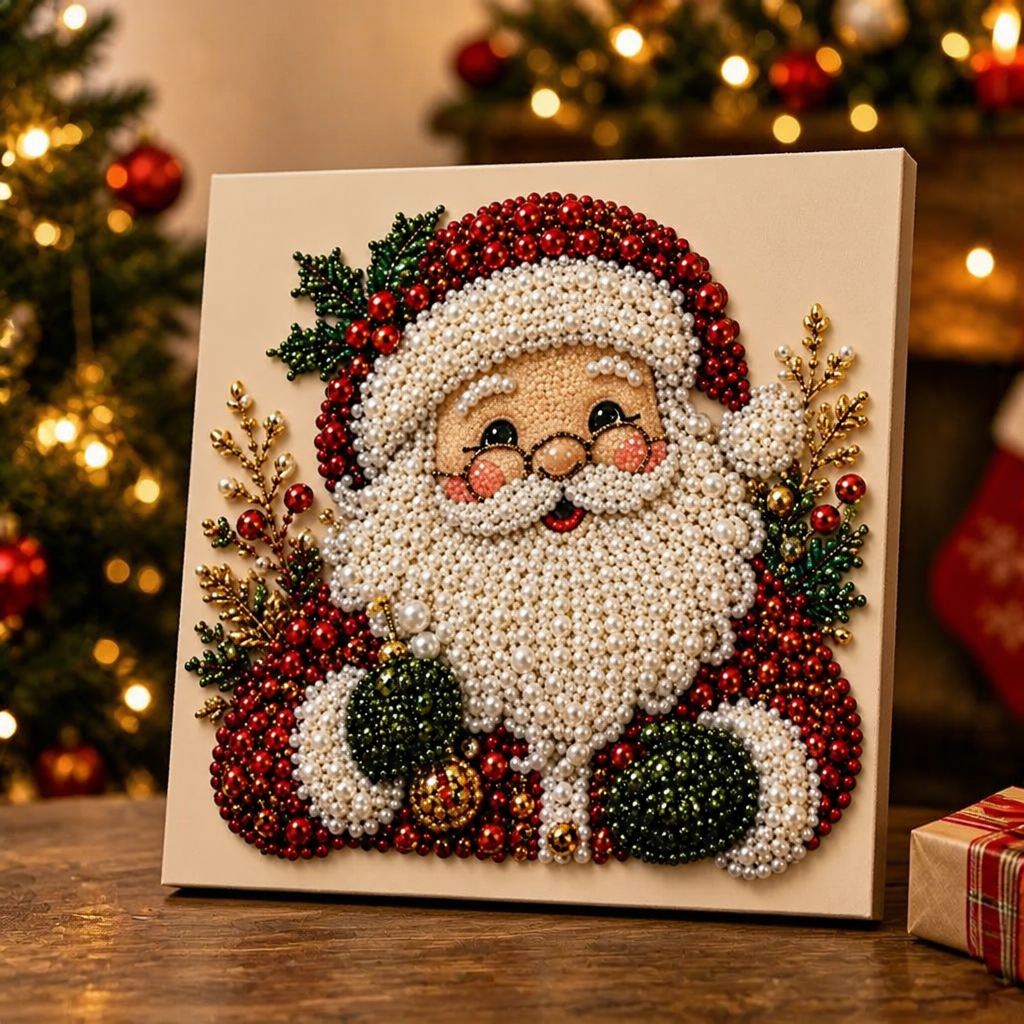 Christmas Santa raised-bead art kit on a square board with applicator pen and sorting tray