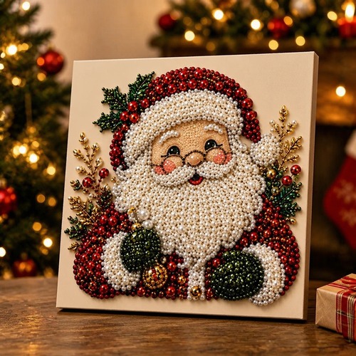 Christmas Santa raised-bead art kit on a square board with applicator pen and sorting tray