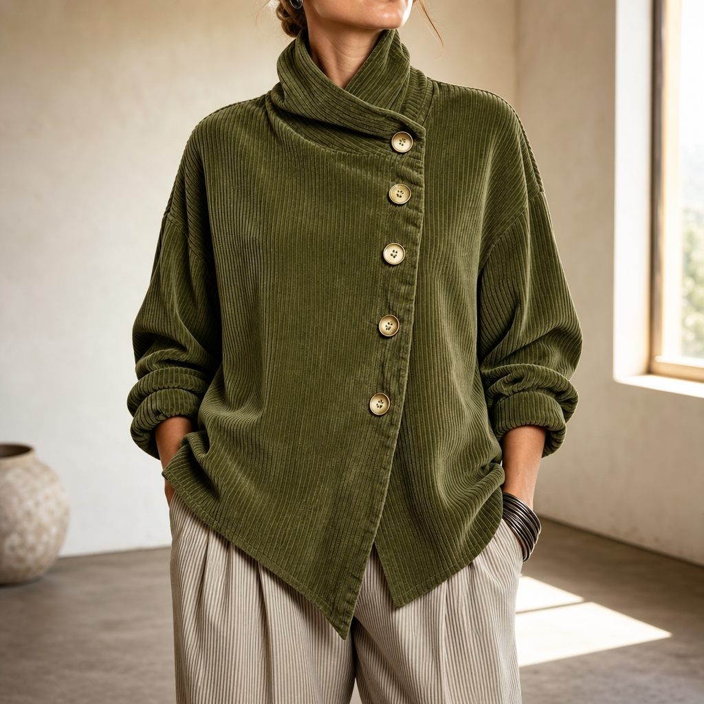 Women's ribbed funnel collar blouse with buttons and asymmetric hem