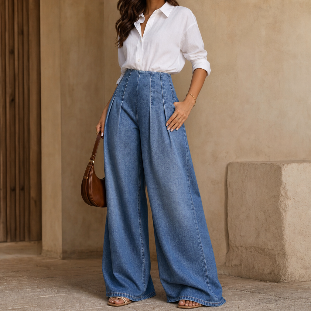 Women's High Waisted Pleated Wide-Leg Jeans
