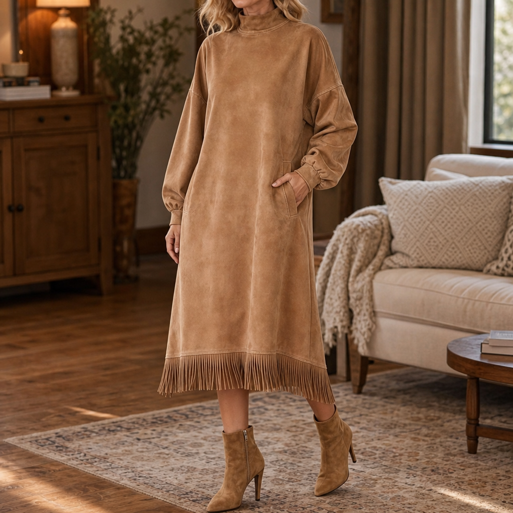 Robe midi pour femme à col montant, aspect daim