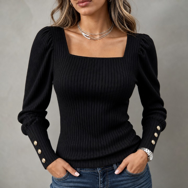 Top en maille côtelée à encolure carrée et poignets boutonnés pour femme