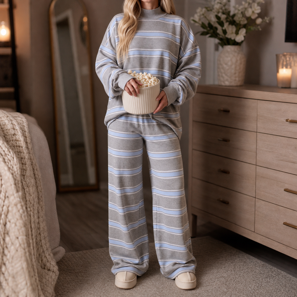 Women's Striped Mock Neck Oversized Lounge Set