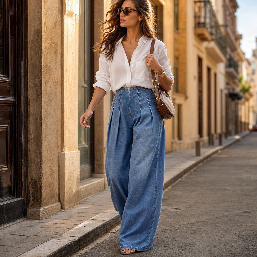 Women's High Waisted Pleated Wide-Leg Jeans