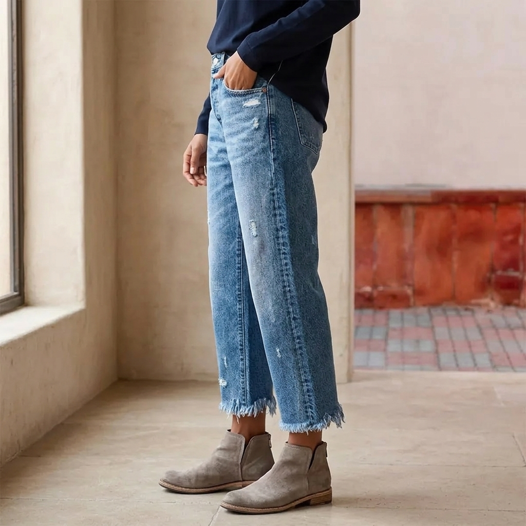 Women's high-rise cropped straight leg jeans with distressed details and fringed hems