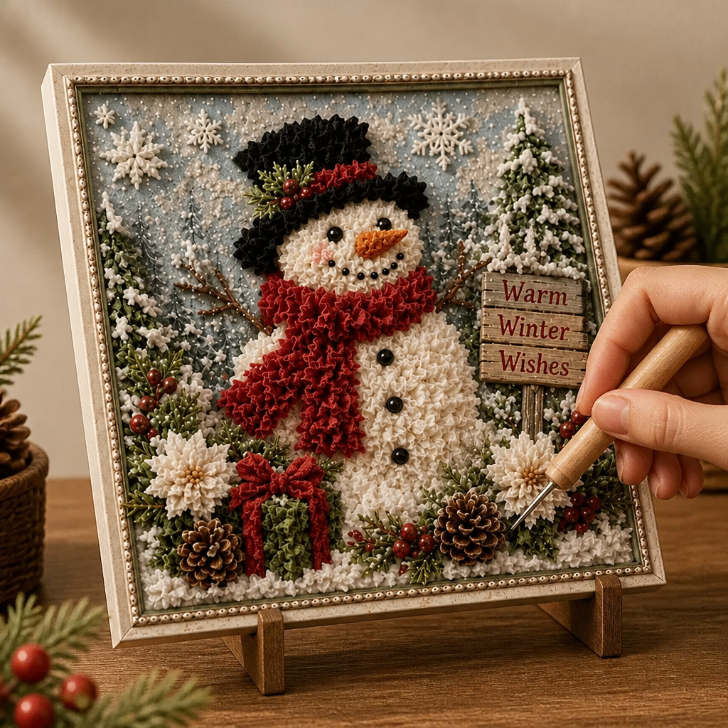Square raised yarn Christmas frame with snowman and winter village scenes
