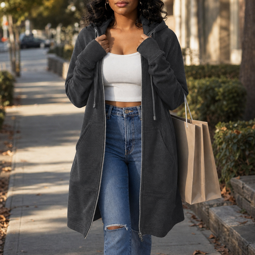 Women's Longline Zip-Up Hoodie with Side Pockets