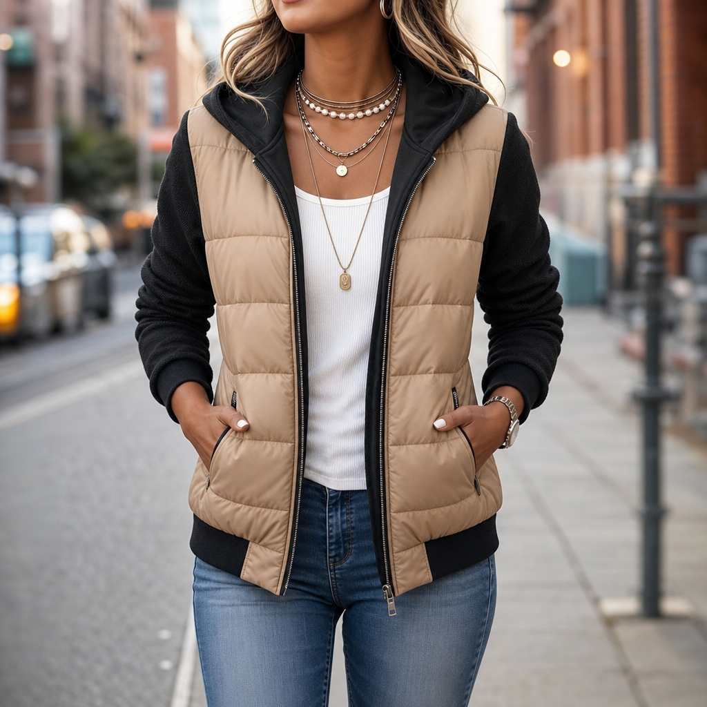 Women's hooded quilted puffer jacket with contrasting long sleeves and zip pockets