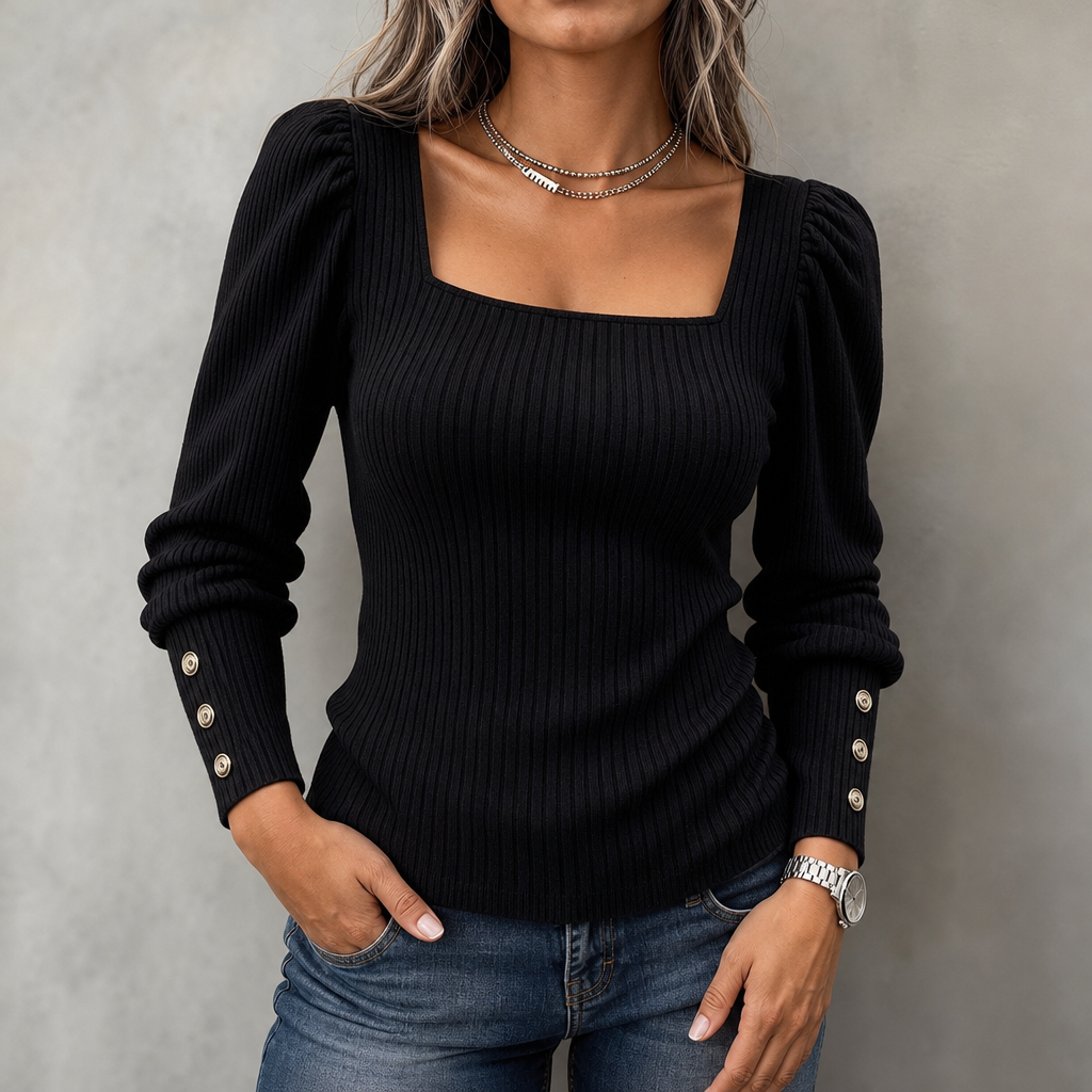 Top en maille côtelée à encolure carrée et poignets boutonnés pour femme