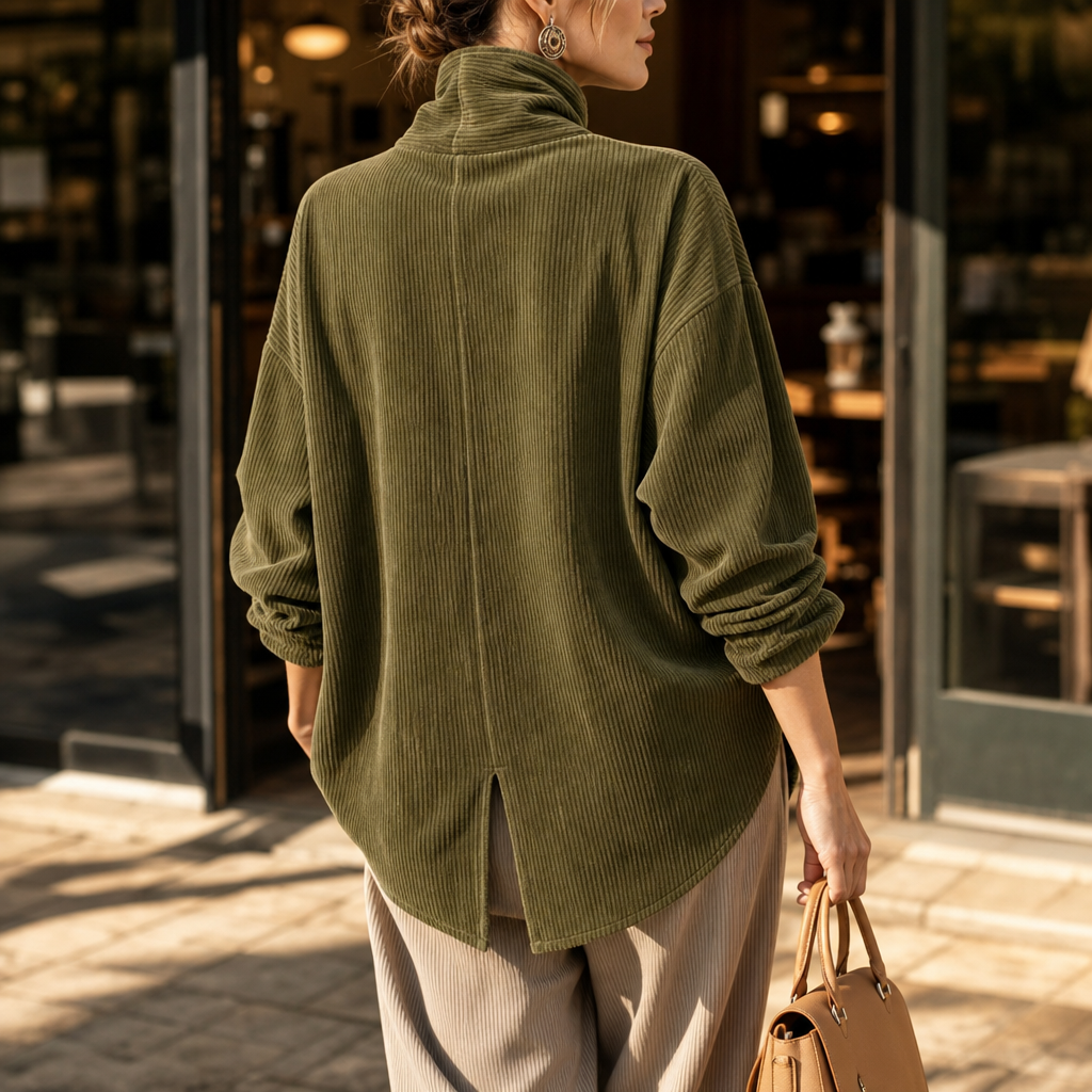 Women's ribbed funnel collar blouse with buttons and asymmetric hem
