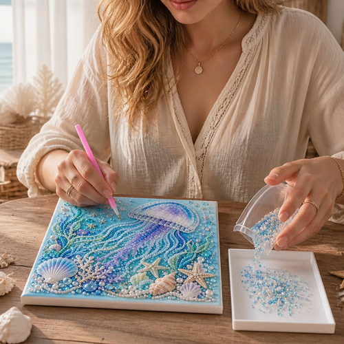 Sea life diamond painting artwork with octopus, shells, coral and starfish