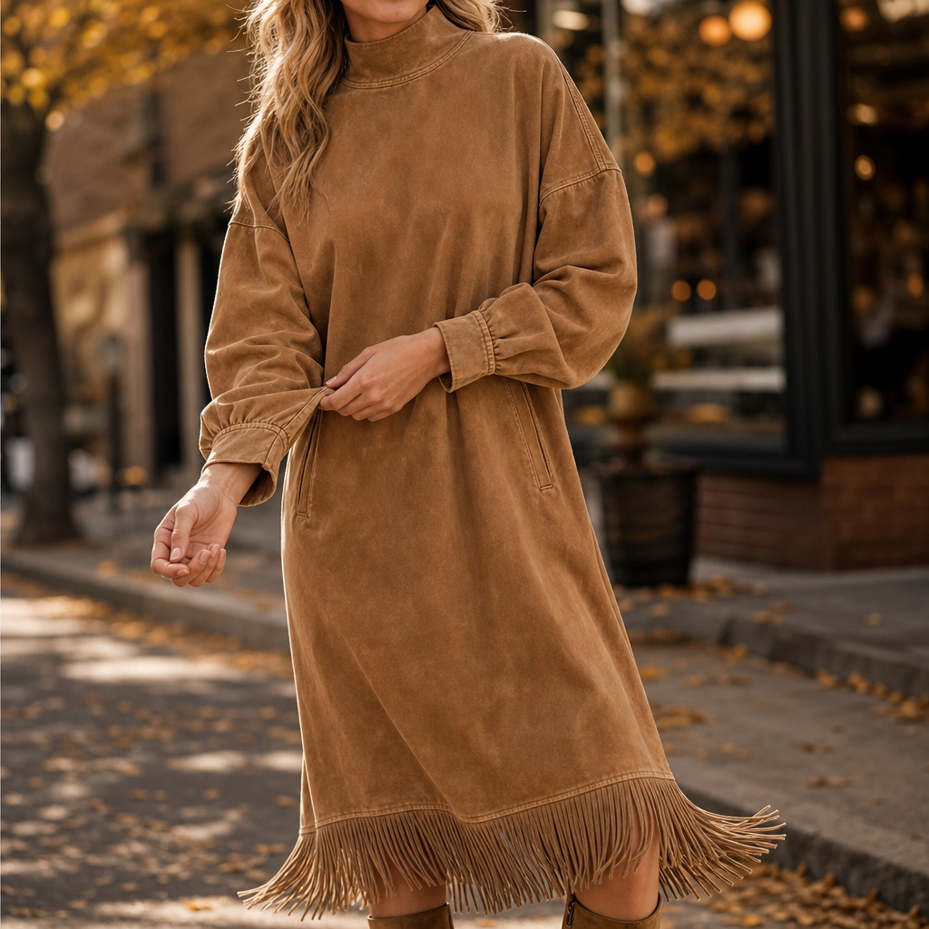 Robe midi pour femme à col montant, aspect daim