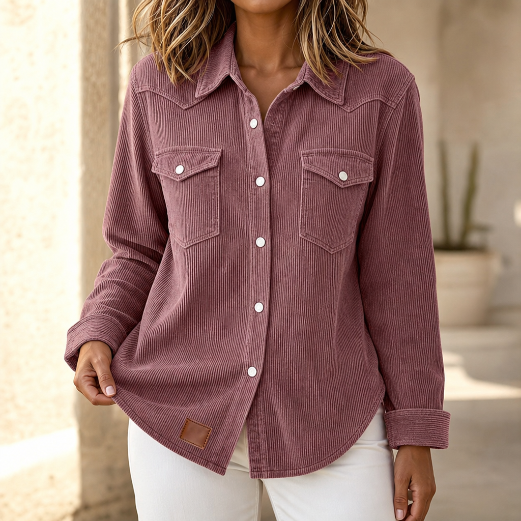 Women's ribbed button-front shacket with pointed collar and chest pockets