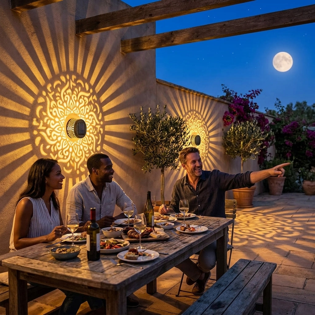 Black cylindrical solar lantern projecting warm patterned light on a wall and patio