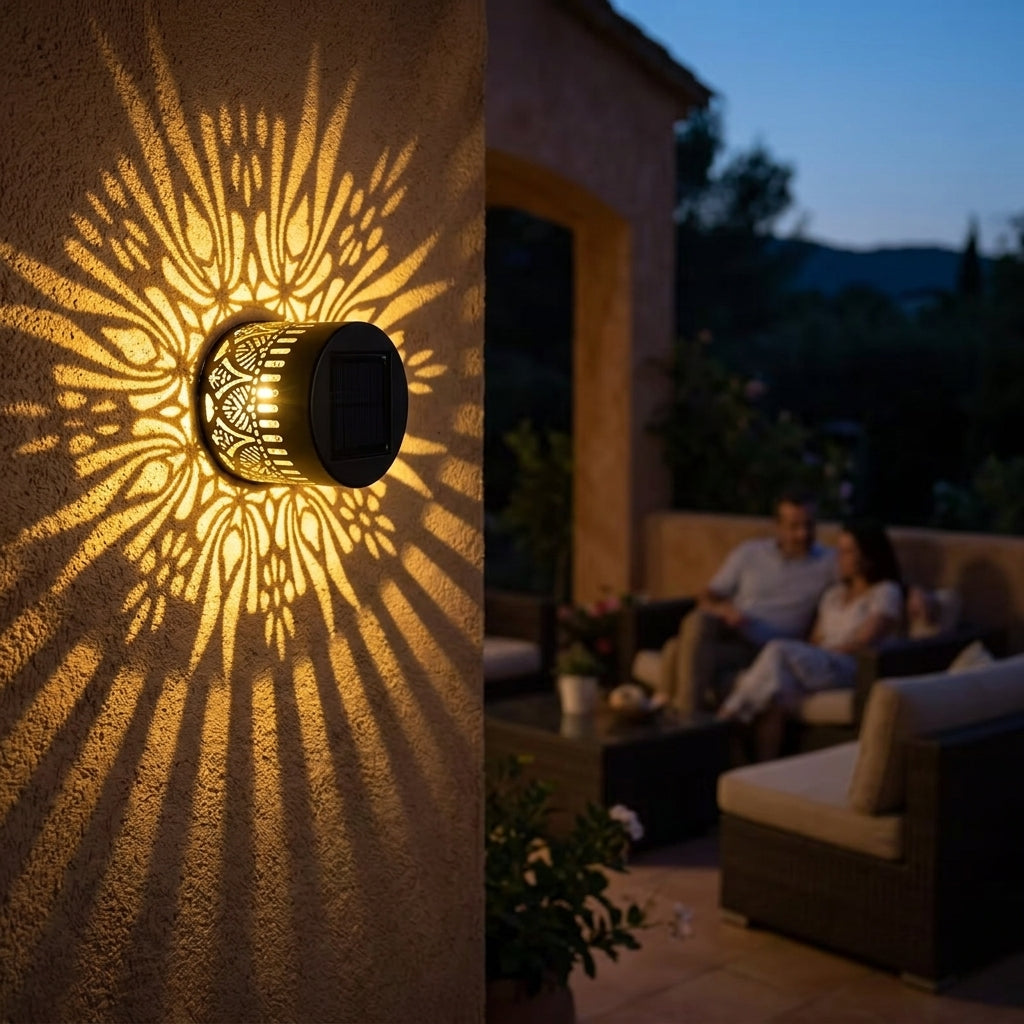 Black cylindrical solar lantern projecting warm patterned light on a wall and patio