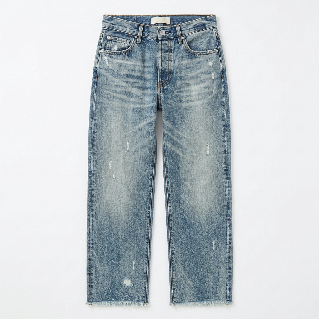 Women's high-rise cropped straight leg jeans with distressed details and fringed hems