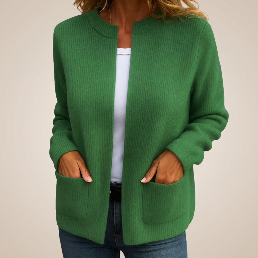 Women's ribbed open front cardigan with mock neck, long sleeves and patch pockets