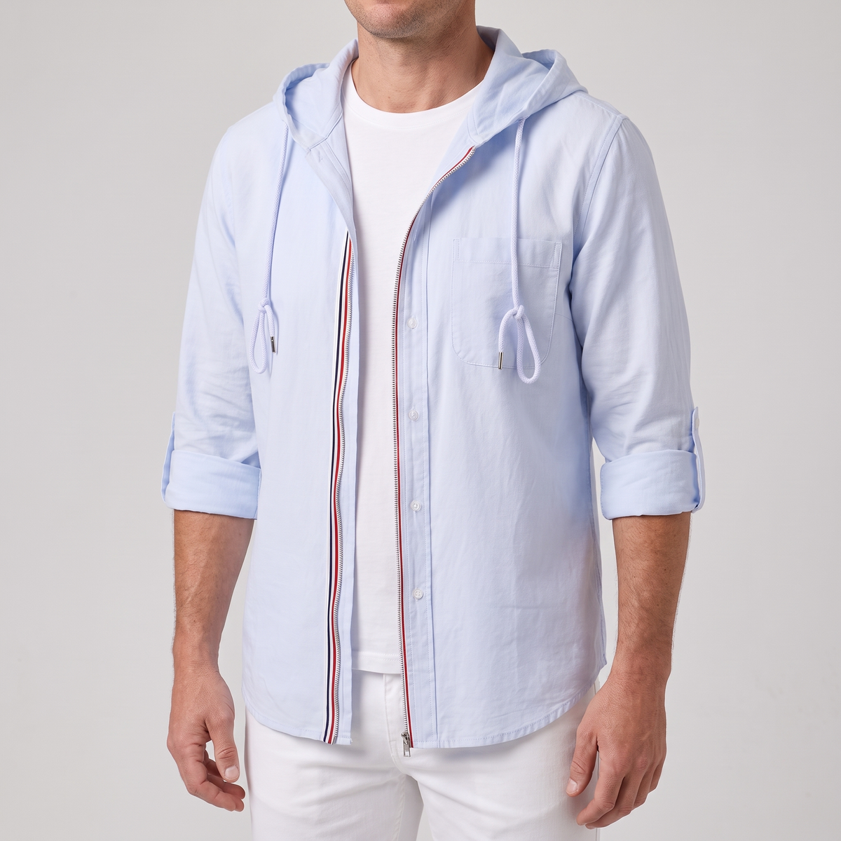 Chemise boutonnée à capuche pour homme en mélange de lin
