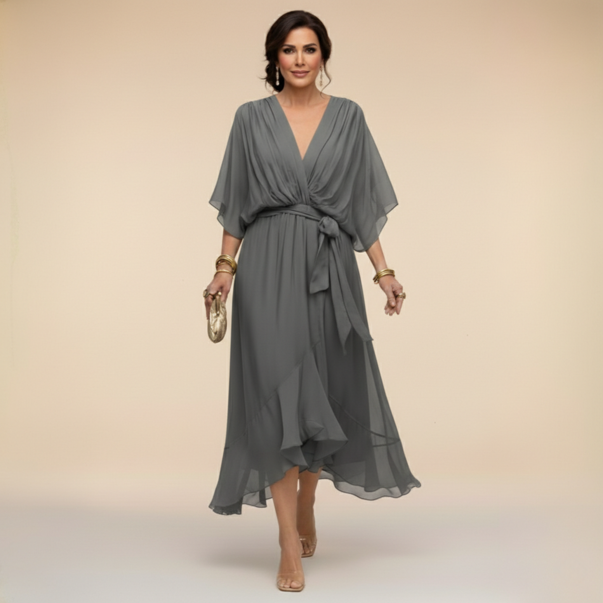 Robe midi portefeuille en mousseline à manches kimono