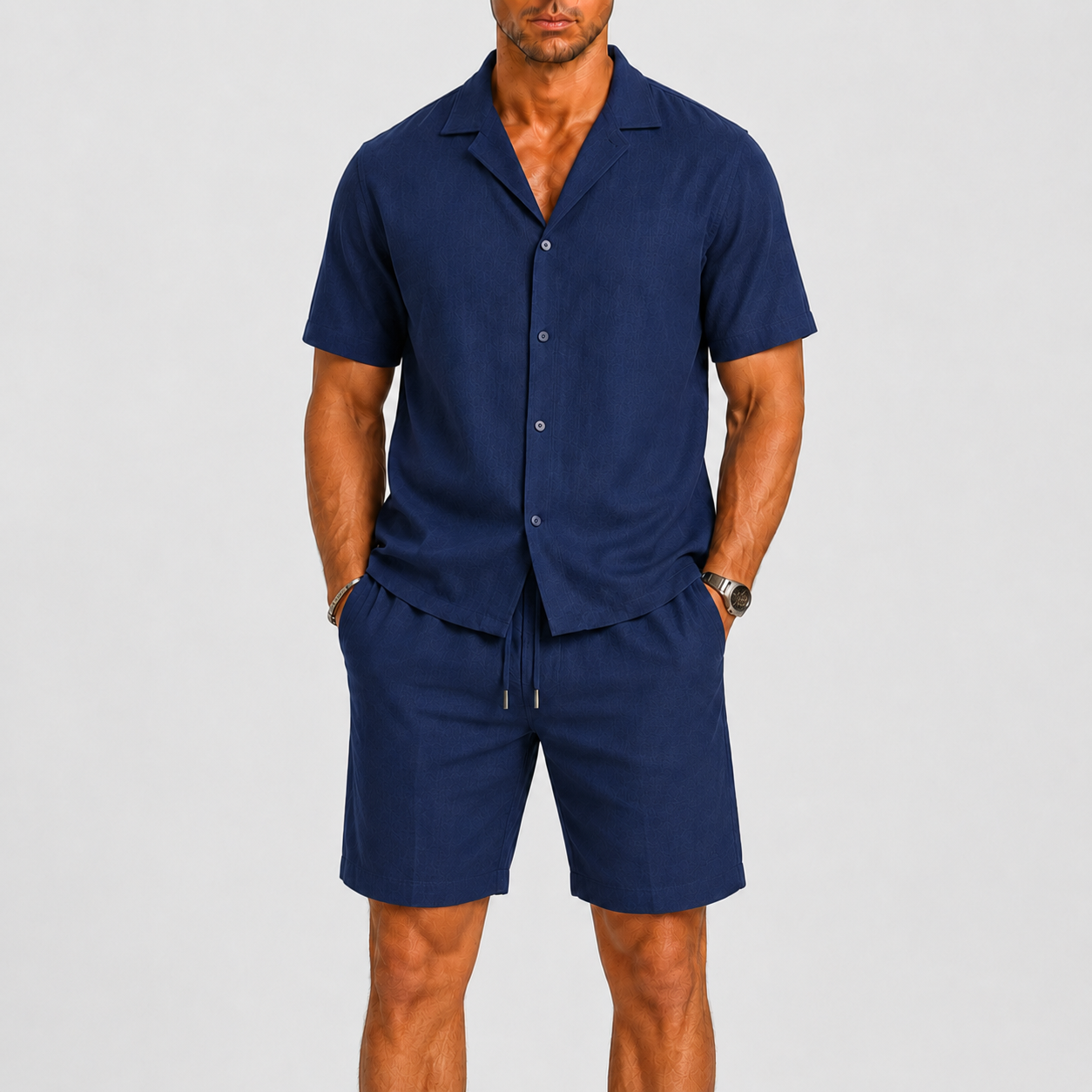 Ensemble deux pièces composé d’une chemise à col cubain texturé et d’un short