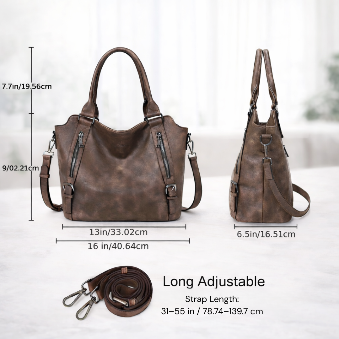 Slouchy Zip Detail Tote Bag with Buckle Straps