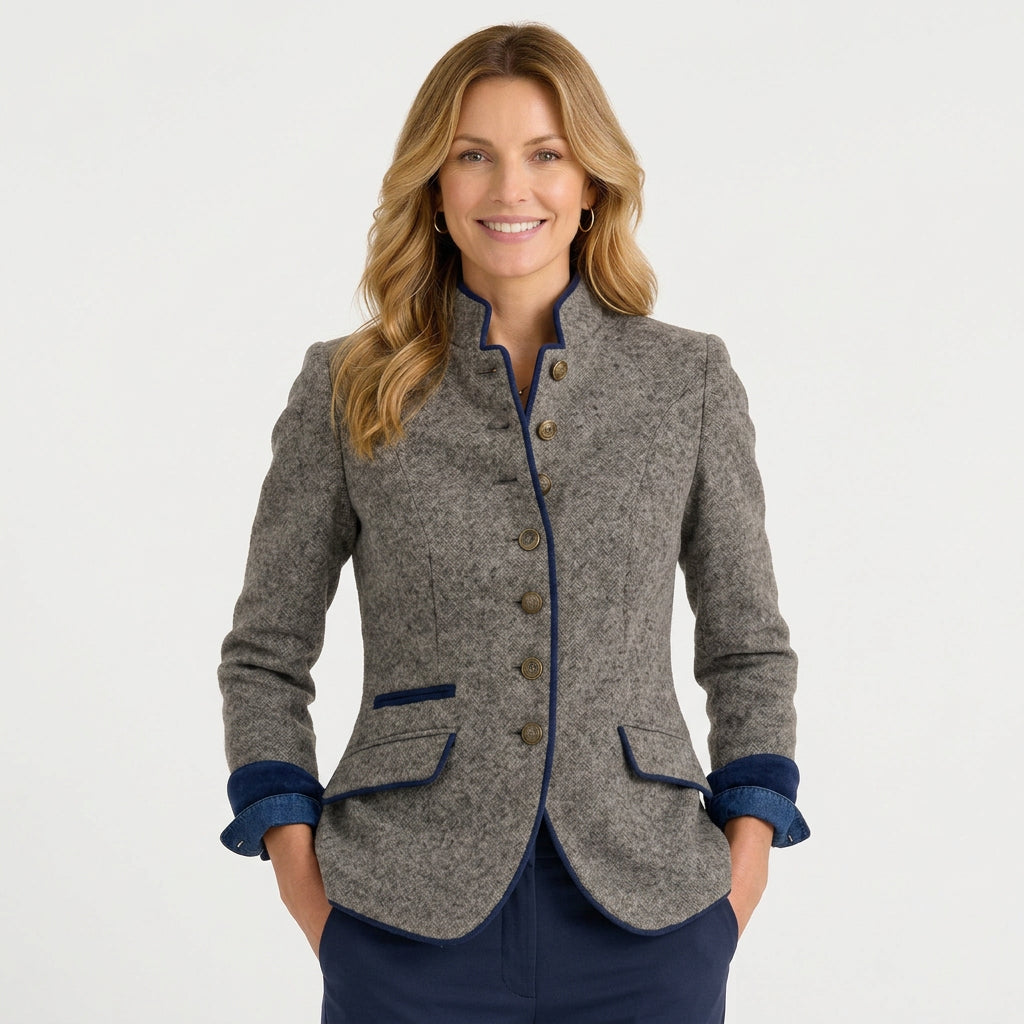 Women’s Stand Collar Tailored Jacket – Button Front Piped Trim