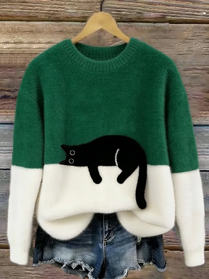 Women's Fluffy Cat Motif Colour Block Jumper