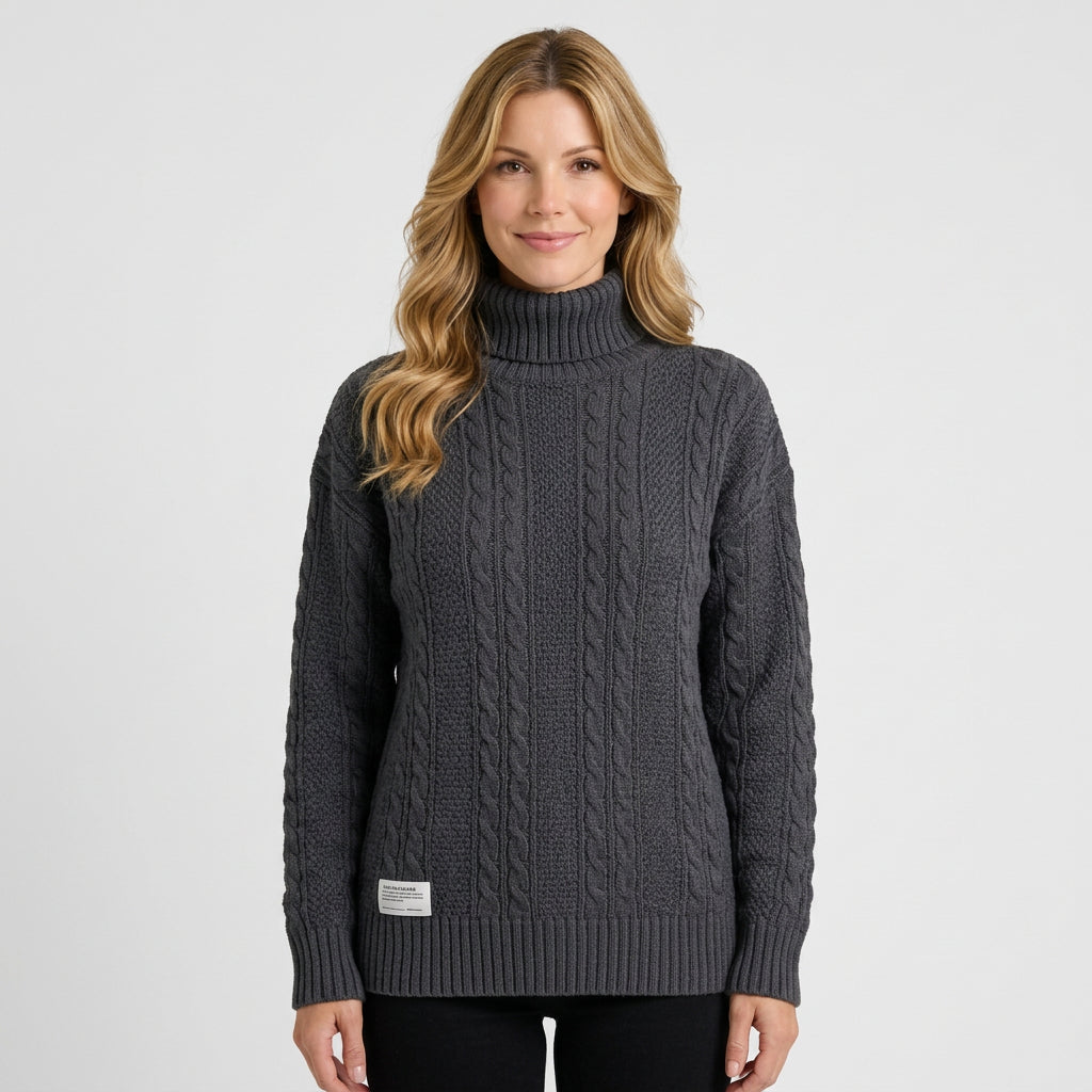 Women’s Cable Knit Turtleneck Sweater – Chunky Ribbed Hem Pullover