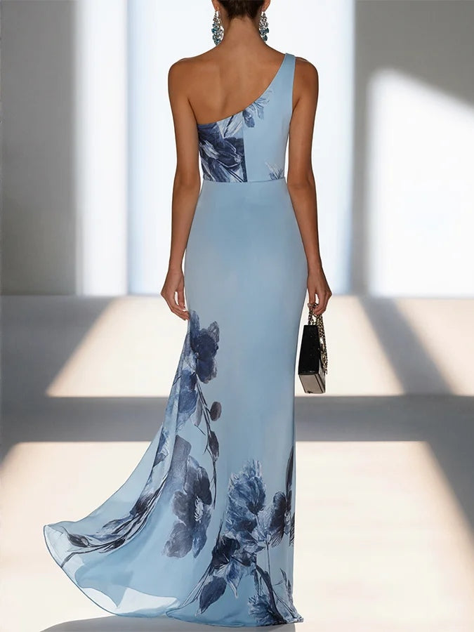 Robe longue sirène fleurie asymétrique pour femme