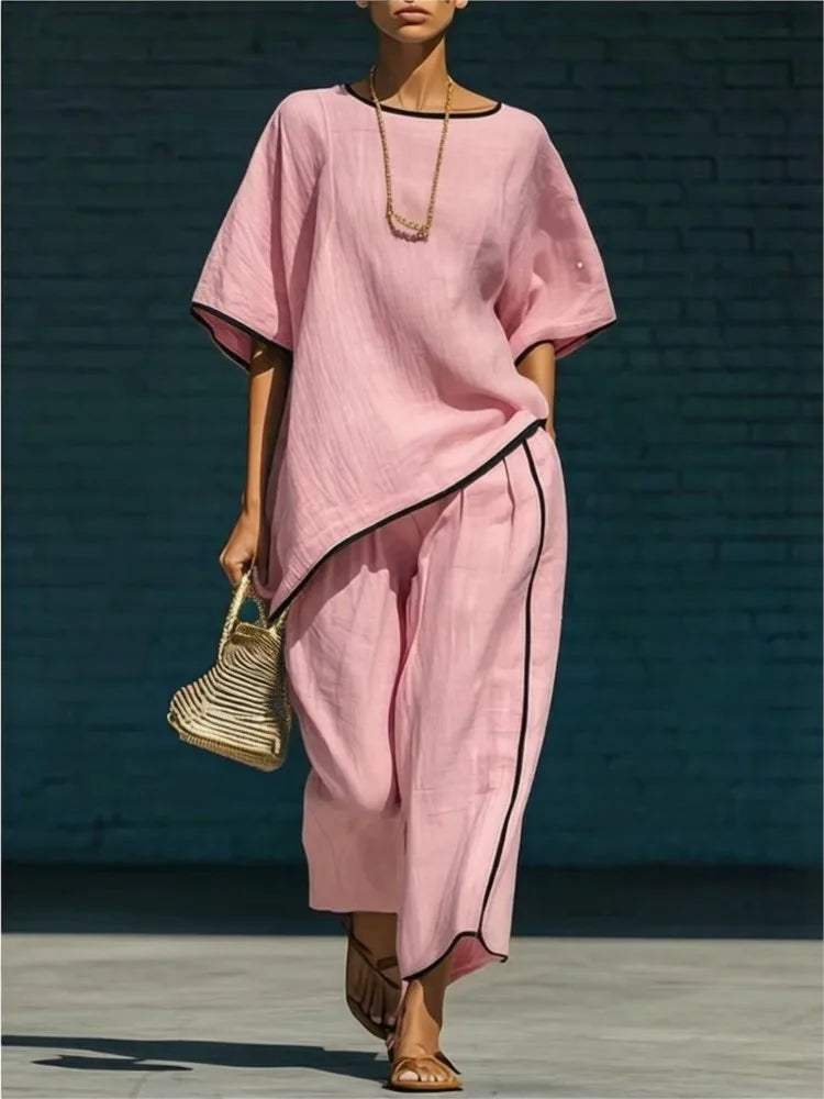 Contrast Piping Oversized Top and Wide Leg Pants Set