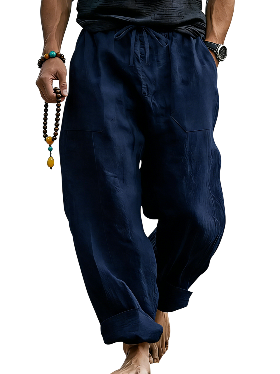 Loose Linen Blend Drawstring Trousers with Turn-Up Hem