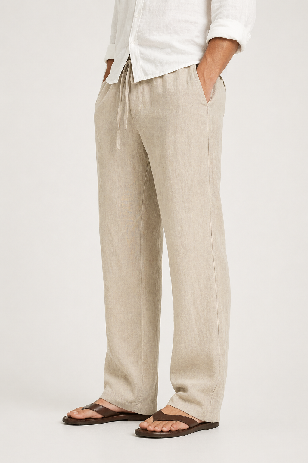 Pantalon en lin coupe décontractée avec taille à cordon de serrage
