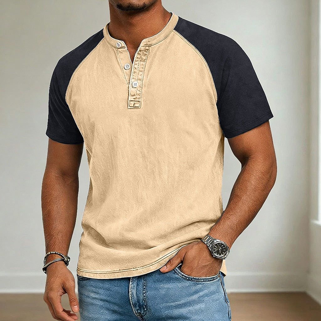 Colour Block Raglan Sleeve Henley T-Shirt
