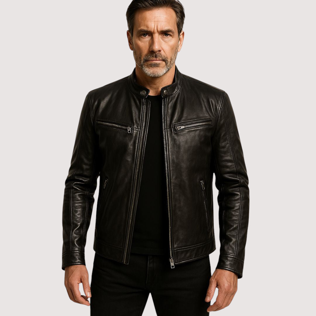Men's Faux Leather Snap-Collar Racer Jacket