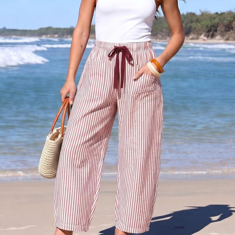 Striped Wide Leg Trousers with Contrast Drawstring
