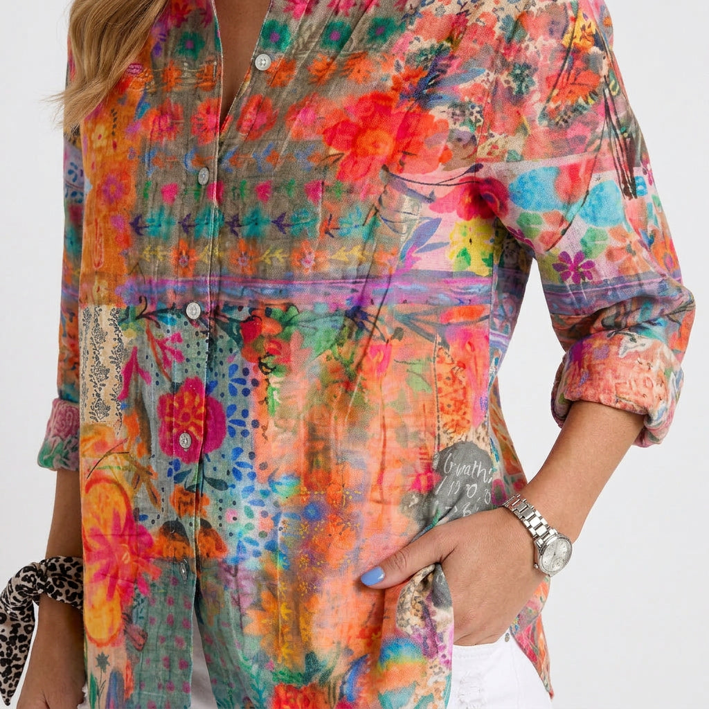 Women’s Printed Button Up Shirt – Long Sleeve Collared Blouse Style