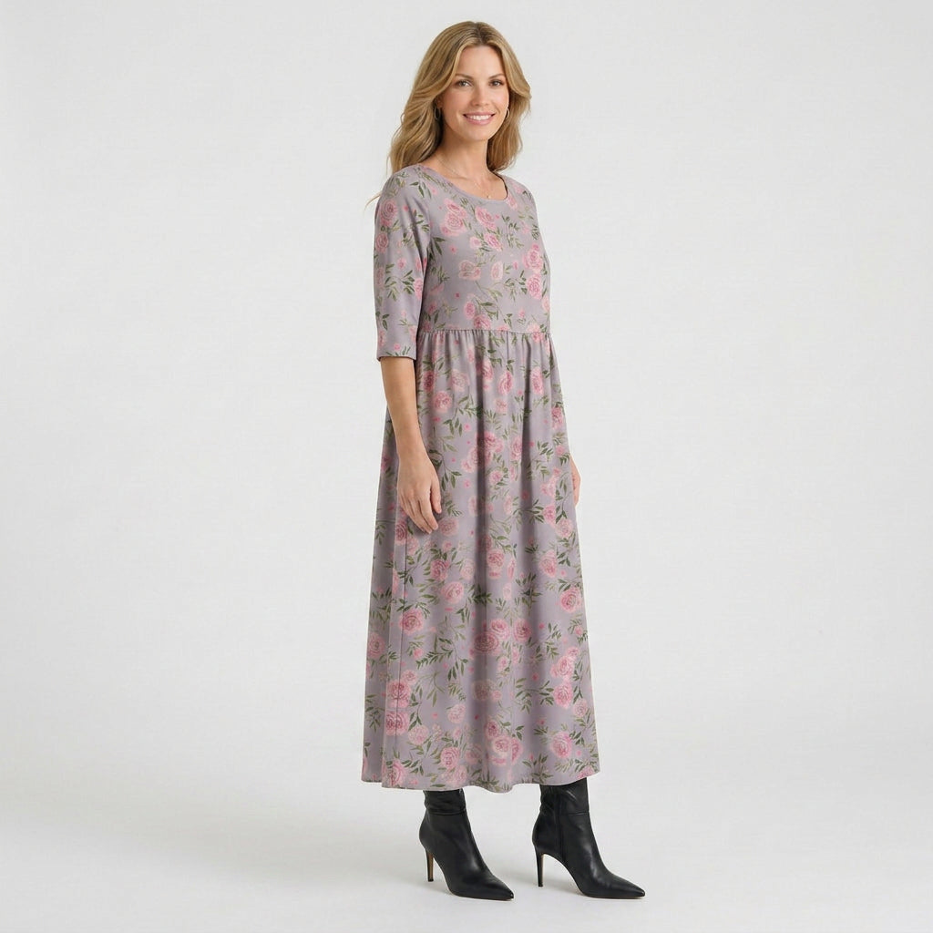 Women’s Floral Print Midi Dress – Short Sleeve Smock Style
