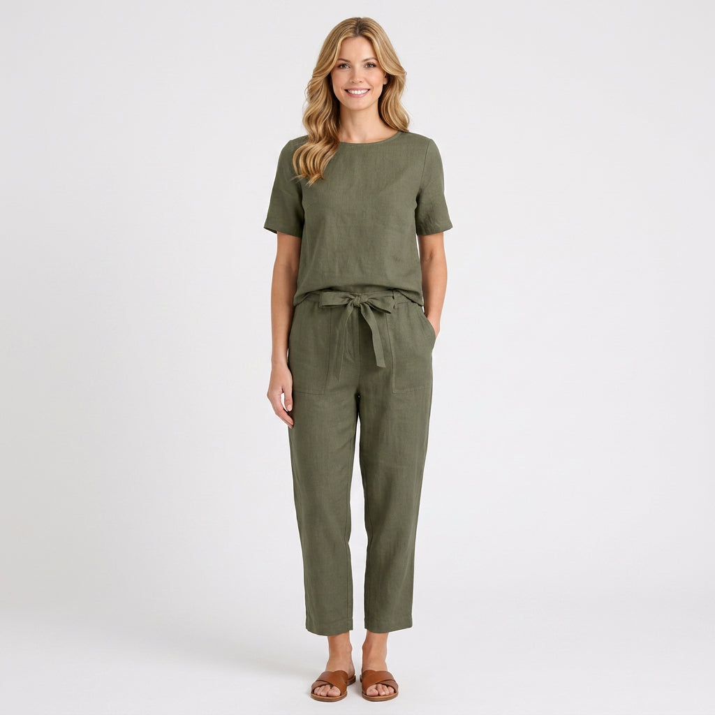 Linen Blend Tie-Waist Top and Trouser Set